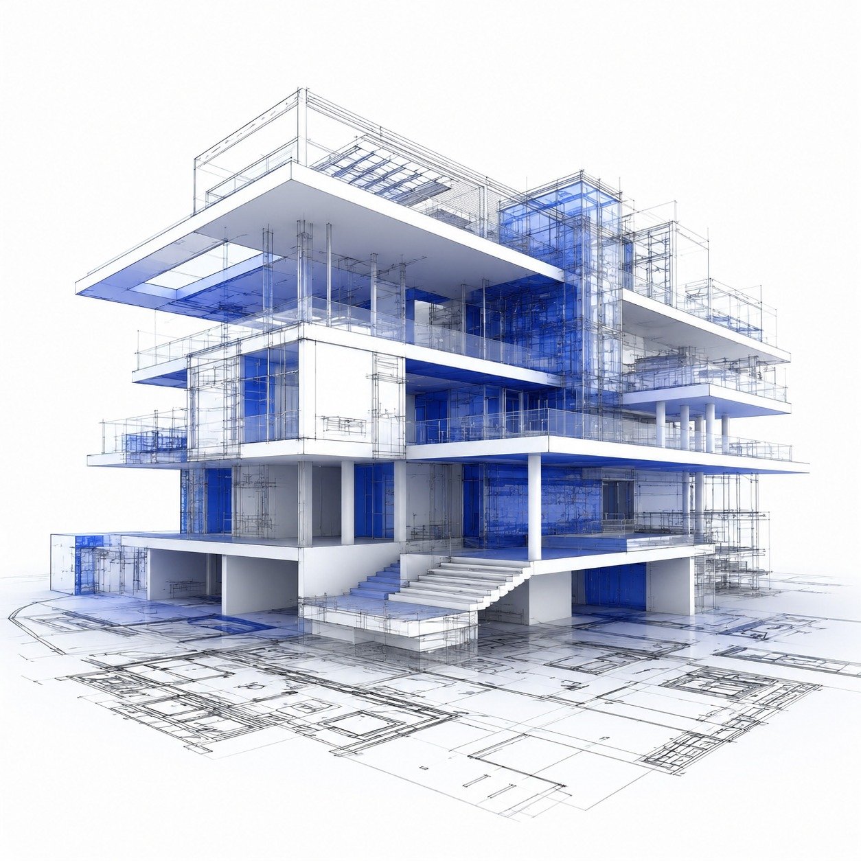 Hand holding a house blueprint in front of a completed modern home